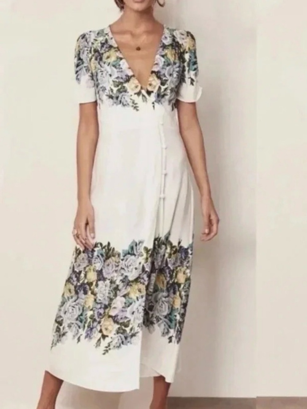 Free People White Floral Border V-Neck Maxi Dress Button-Up BOHO